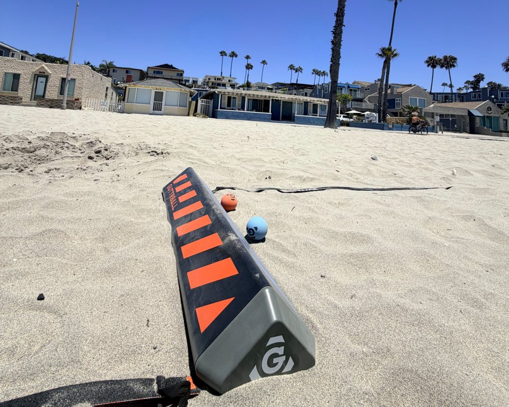 Guttrball set up on the sand by the boardwalk